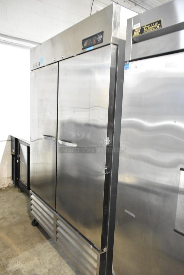 Beverage Air stainless steel, 2-door commercial reach-in cooler with poly coated racks, on casters. 115 volts, 1 phase.