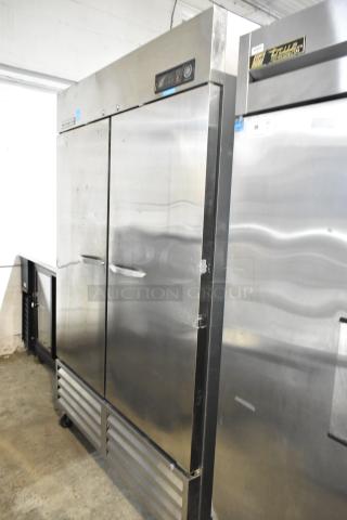 Beverage Air stainless steel, 2-door commercial reach-in cooler with poly coated racks, on casters. 115 volts, 1 phase.