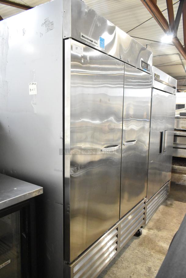 Beverage Air stainless steel commercial 2-door cooler with poly-coated racks and casters, 115V, in good condition.