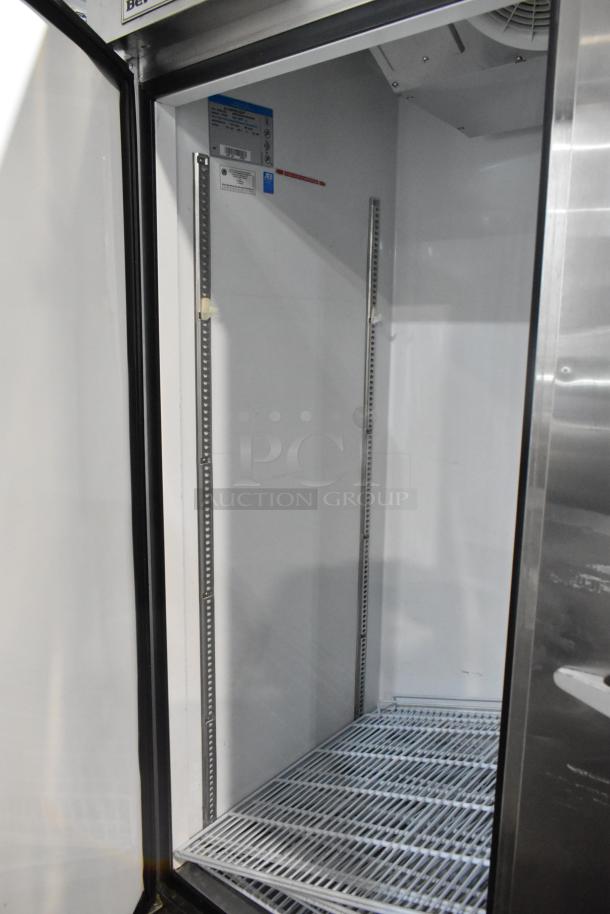 Beverage Air stainless steel 2-door reach-in cooler, poly coated racks, on casters, 115V, 1 phase, clean interior.