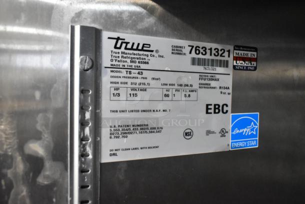 True TS-43 Stainless Steel Commercial 2 Door Reach In Cooler. Model TS-43. 115 Volts, 1 Phase. Energy Star rated.