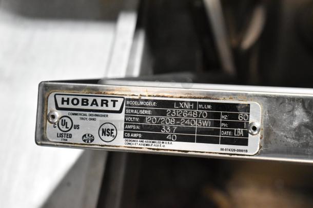 2024 Hobart LXNH stainless steel commercial undercounter dishwasher, 120/208-240V, 1 phase; model and serial tags visible.