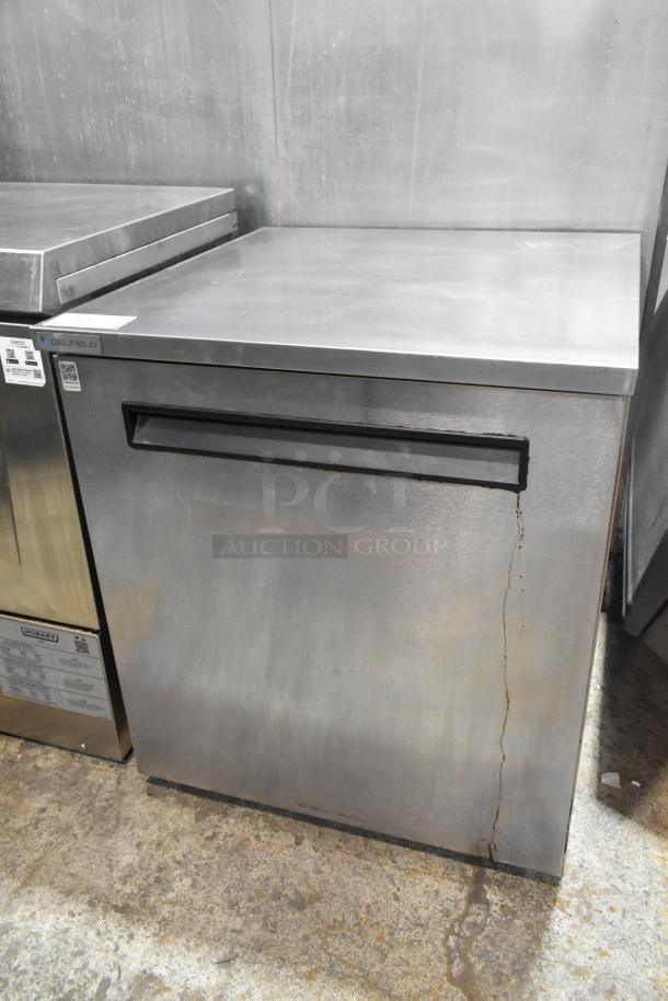 2019 Delfield 406P-STAR2 stainless steel undercounter cooler, single door, on casters, 115V, 1 phase, visible wear.