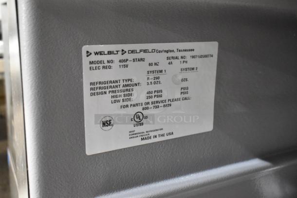 2019 Delfield 406P-STAR2 stainless steel undercounter cooler label, 115V, commercial casters, NSF and UL listed, made in USA.