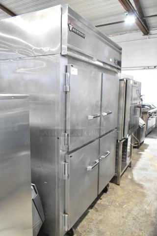 Victory FS-2D-S7-EW-HD stainless steel cooler, four half-size doors, commercial casters, 208/230V, 1 Phase, used.