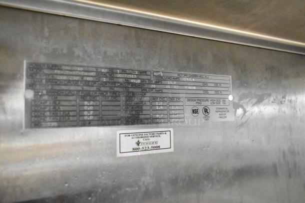 Victory FS-2D-S7-EW-HD cooler label showing specifications, certifications, and contact info for parts and service.