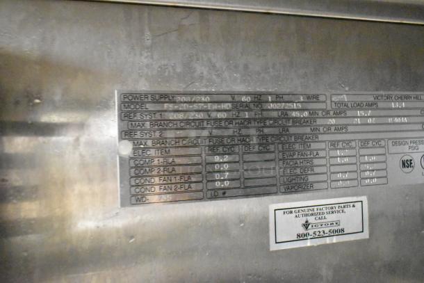 Victory FS-2D-S7-EW-HD cooler data plate showing power supply and specifications, marked 208/230V, 60Hz, 1 Phase.