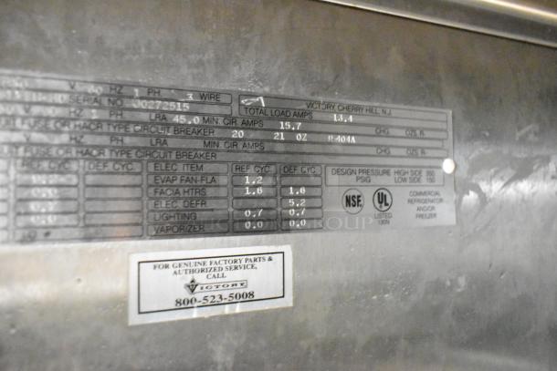 Victory FS-2D-S7-EW-HD cooler label showing specs: 208/230V, 1 phase, NSF and UL listed, model and serial numbers.