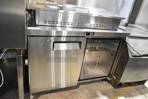 Atosa MSF8302GR stainless steel prep table, missing lid and door, on casters. Commercial unit, 115V, 1 phase.