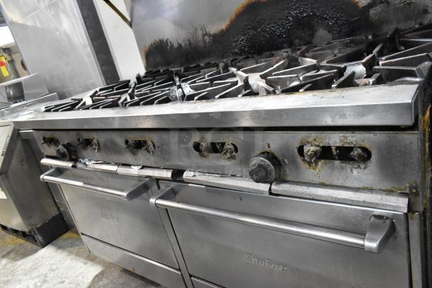 Garland SunFire stainless steel 10-burner gas range, 2 ovens, over shelf, back splash, on casters, commercial use.