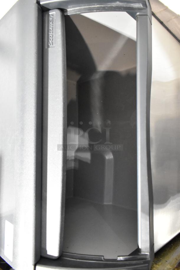 2020 Scotsman CU3030SA-1E ice machine, stainless steel, self-contained. Model label visible, 115V, 1 Phase.