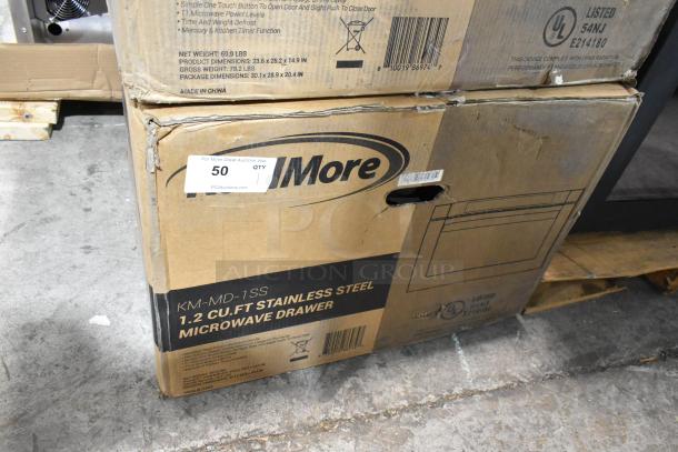 KoolMore KM-MD-1SS stainless steel microwave drawer, 1.2 cu. ft., scratch and dent, wall-mounted, in original packaging.