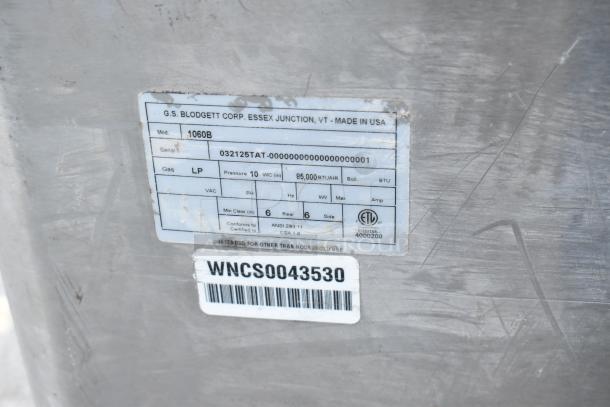 Blodgett 1060B stainless steel commercial propane pizza oven label showing model, serial number, and 85,000 BTU specifications.