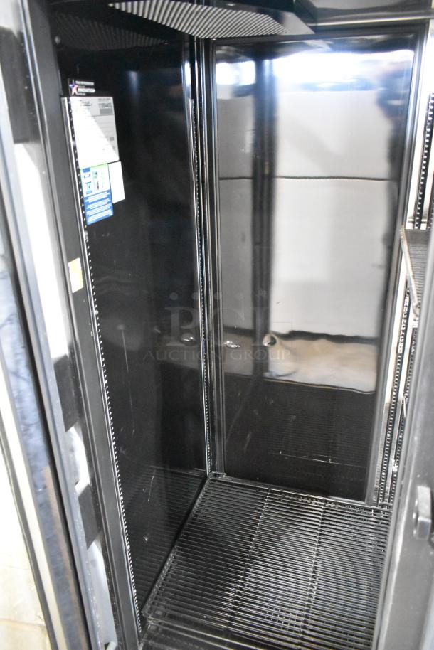 True STG2RPTVLD-2G-2S-HC metal 2-door reach-in cooler, poly coated racks, right door locked, 115V, 1 phase.