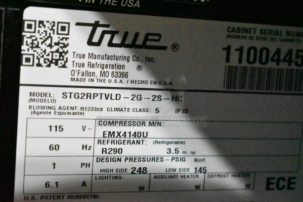 True STG2RPTVLD-2G-2S-HC commercial cooler label, 2-door, locked right door, 115V, R290 refrigerant, climate class 5.