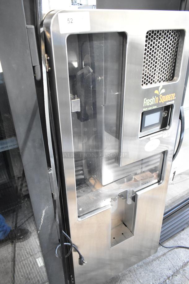 JBT 2nd-Gen-MFJ-HE commercial citrus juicer, stainless steel, Fresh N Squeeze brand, on casters, tested and working, 120V, 1 phase.