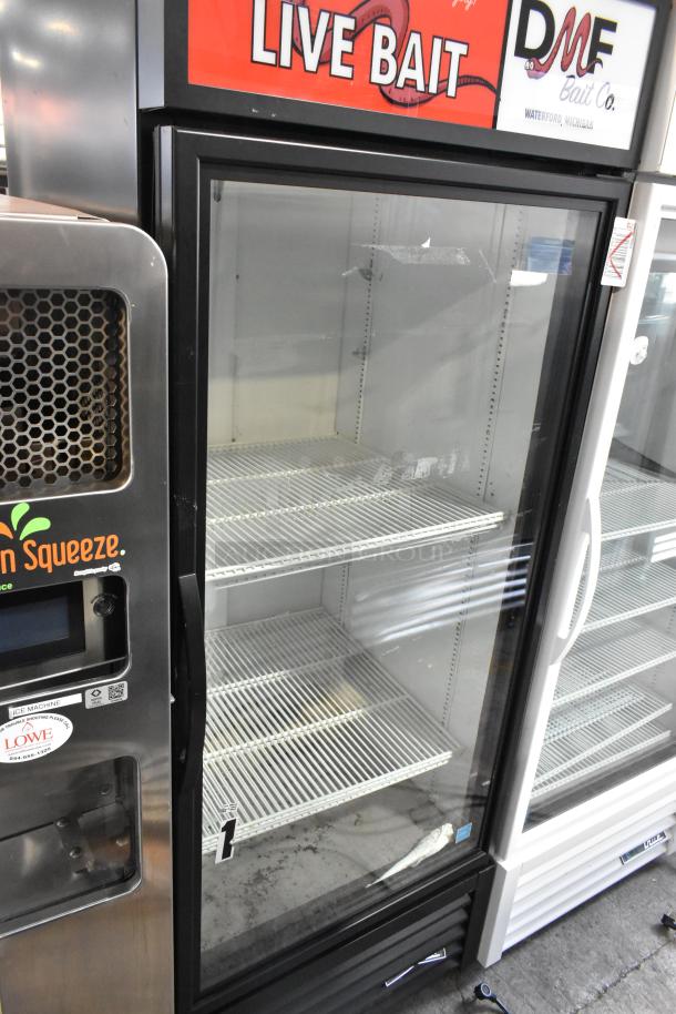 2019 True GDM-26-HC commercial cooler, single glass door, poly coated racks, 115V, 1 phase, "Live Bait" branding, used condition.
