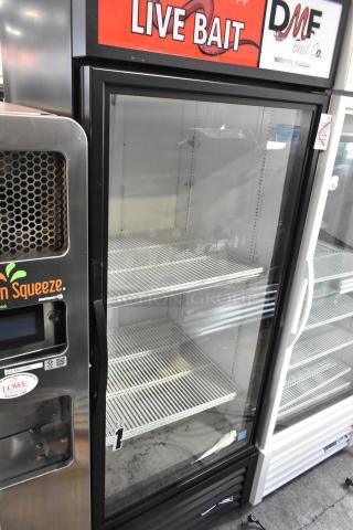 2019 True GDM-26-HC commercial cooler, single glass door, poly coated racks, 115V, 1 phase, "Live Bait" branding, used condition.