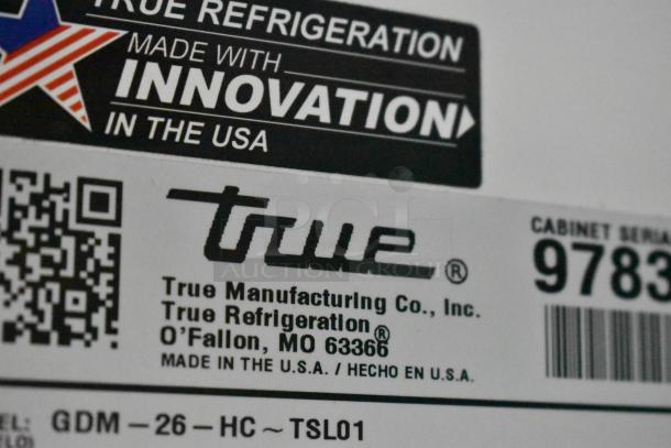 Label for True GDM-26-HC cooler, showing model, serial number, and "Made in the USA" branding.