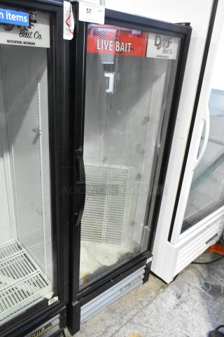 2021 True GDM-12-HC single door cooler merchandiser, with poly coated racks, in used condition; "Live Bait" signage.