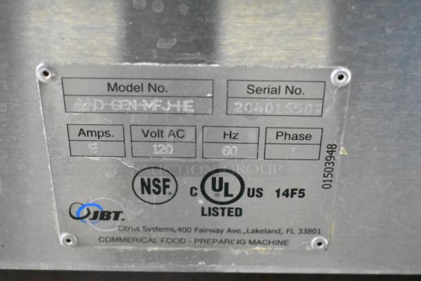 JBT 2ND-GEN-MFJ-HE citrus juicer label; 120V, 1 phase; NSF, UL listed; serial 20401550. Stainless steel.