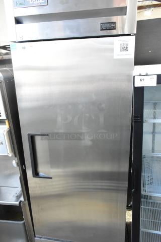 2024 True T-19F-HC stainless steel commercial reach-in freezer, single door, poly-coated racks, on casters, 115V, 1 phase.