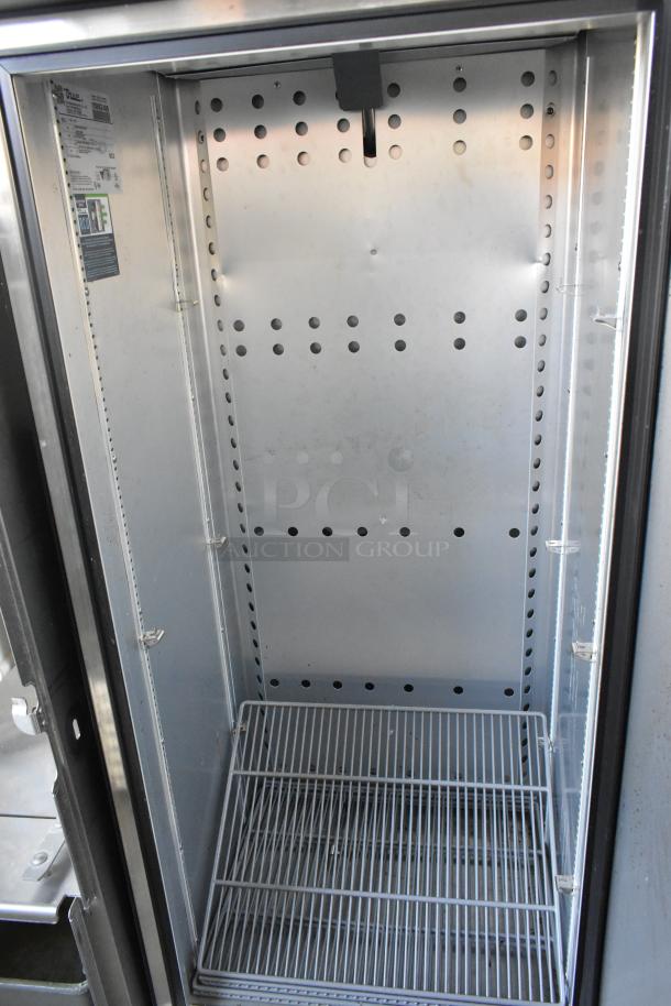 2024 True T-19F-HC stainless steel single door reach-in freezer, poly coated racks, commercial casters, 115V, 1-phase.