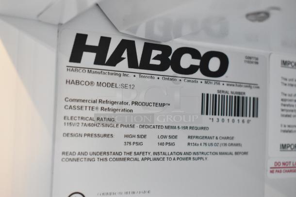 Habco SE12 commercial single-door cooler label. Shows model details, 115 volts, 1 phase, 375 PSIG high side pressure.