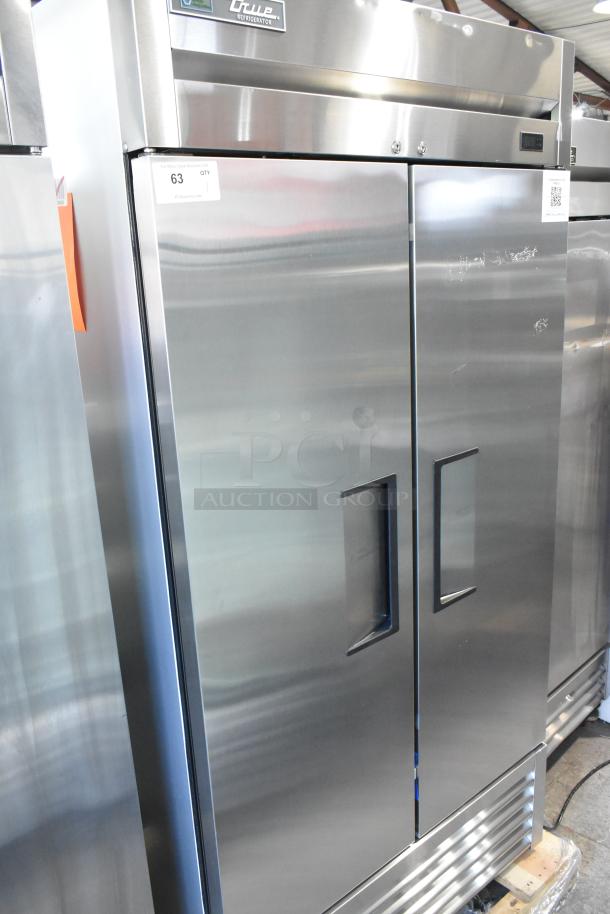 Brand new True T-35-HC stainless steel 2-door reach-in cooler with scratches. Includes poly coated racks, 115V, 1 phase.
