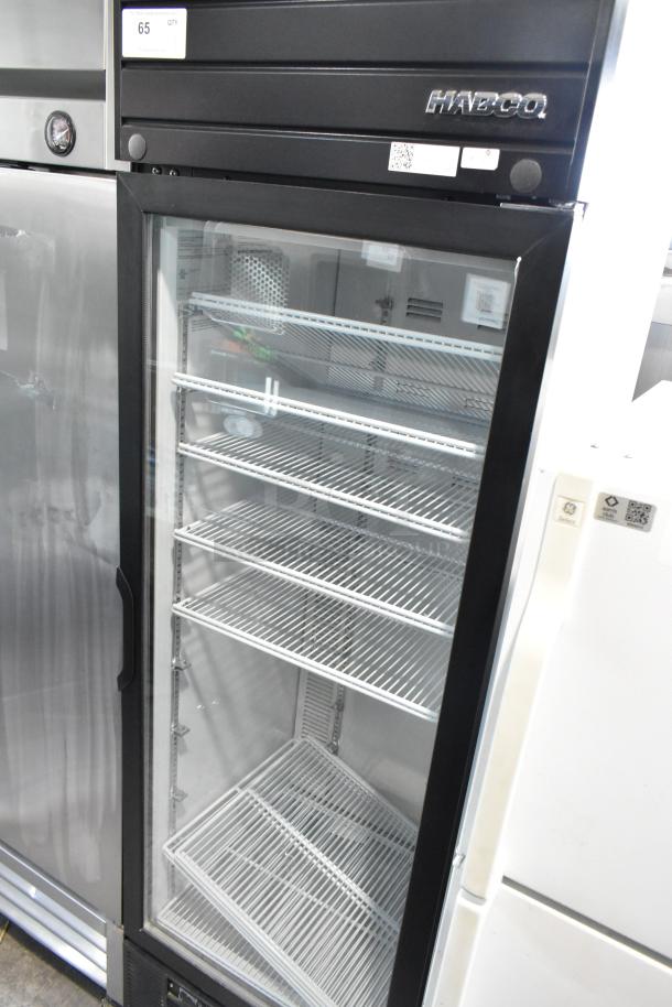 2019 Habco SE18 commercial cooler, single glass door, poly coated racks, 115V, 1 phase, in good condition.