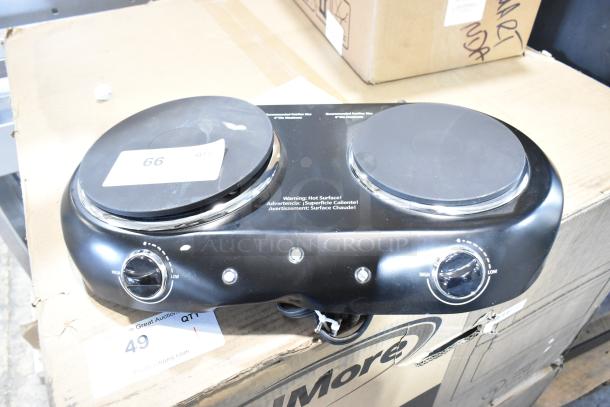 MS9402482514-01 metal countertop electric 2-burner hot plate range, 120V, dual controls, noted warning for hot surface.