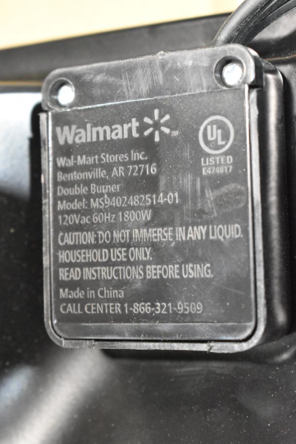 Metal countertop electric 2 burner hot plate, Model MS9402482514-01, 120V, 1 Phase, UL listed, Walmart label.