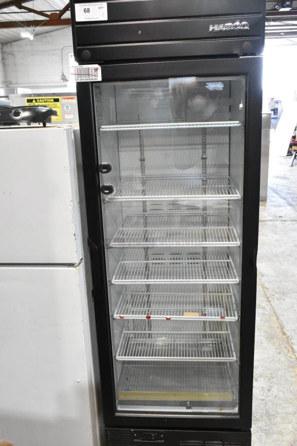 2019 Habco SE18 commercial reach-in cooler, single glass door, poly-coated racks, 115V, 1 phase, excellent condition.