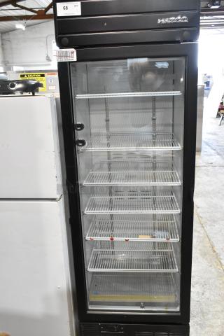 2019 Habco SE18 commercial reach-in cooler, single glass door, poly-coated racks, 115V, 1 phase, excellent condition.