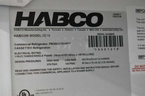 Label of 2019 Habco SE18 metal commercial cooler, 115 volts, single phase, with R134a refrigerant information.