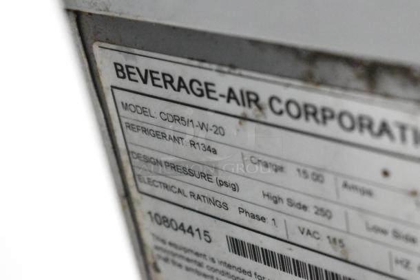 Beverage Air CDR5/1-W-20 label showing model, refrigerant R134a, 115 volts, 1-phase power details.