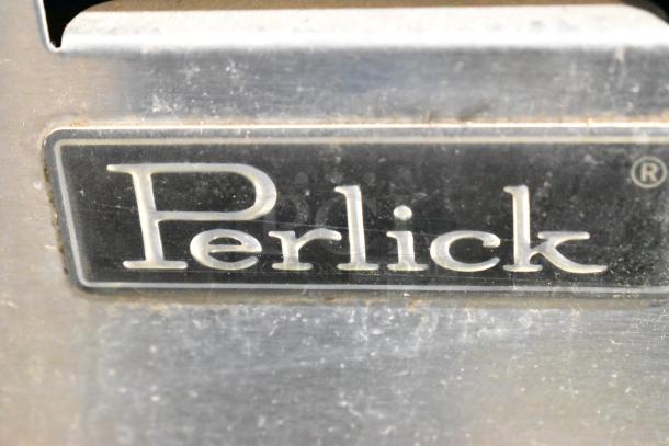 Perlick BS60 metal commercial cooler logo, showing brand name on metallic surface.