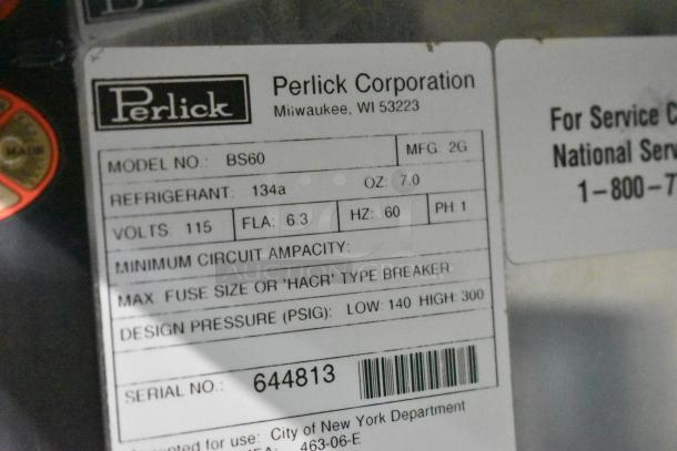 Perlick BS60 commercial bar cooler, model label showing 115V, 1 phase, refrigerant 134a, serial no. 644813.