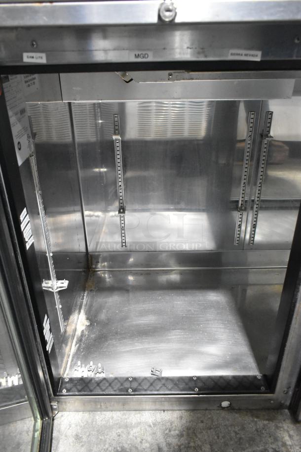 Perlick BS60 commercial 2-door back bar cooler merchandiser in metal. Interior shelving visible, 115 volts, 1 phase.