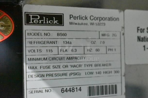 Perlick BS60 metal commercial 2-door back bar cooler merchandiser label, 115 volts, 1 phase, refrigerant 134a, serial 644814.