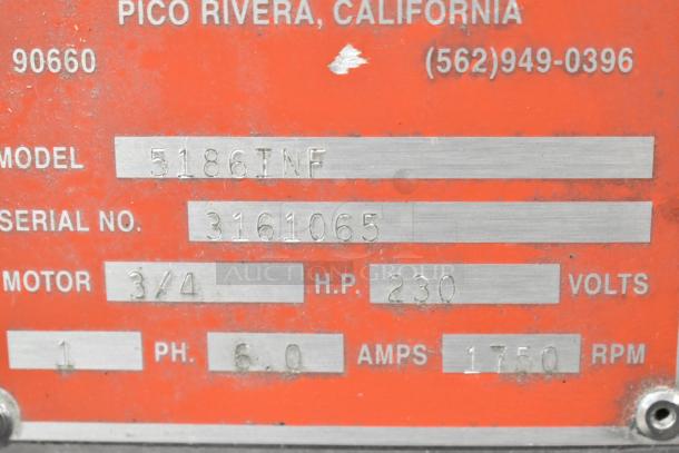 Superior 5186INF Metal Tortilla Cooling Conveyor, 230V, 1 Phase. Serial No: 3161065, 3/4 HP, 6.0 Amps, 1750 RPM.