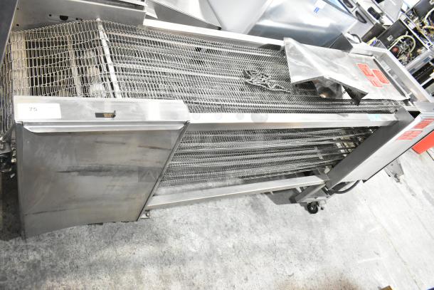 Superior 5186INF metal tortilla cooling conveyor, commercial floor style, 230V, 1 Phase. Visible wear, auction tag 75.