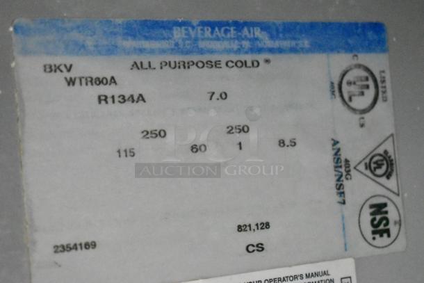 Beverage Air WTR60A label, showing model and specs for a commercial undercounter cooler. 115 volts, 1 phase, NSF listed.