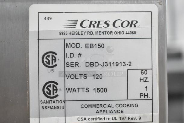 CresCor EB150 Stainless Steel Heated Holding Cabinet label, showing model, serial number, 120 volts, 1500 watts, CSA certification.