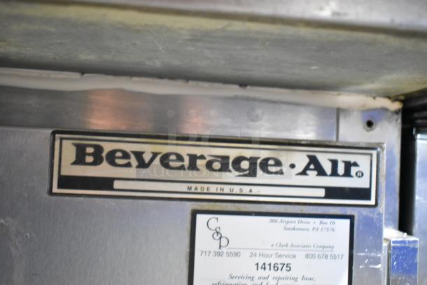 Beverage Air stainless steel commercial sandwich prep table with Bain Marie Mega Top and casters. Made in USA, 115V, 1 Phase.