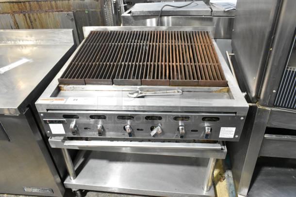 Vulcan VACB36-101 stainless steel gas charbroiler grill on stand with casters, 102,000 BTU, commercial use.