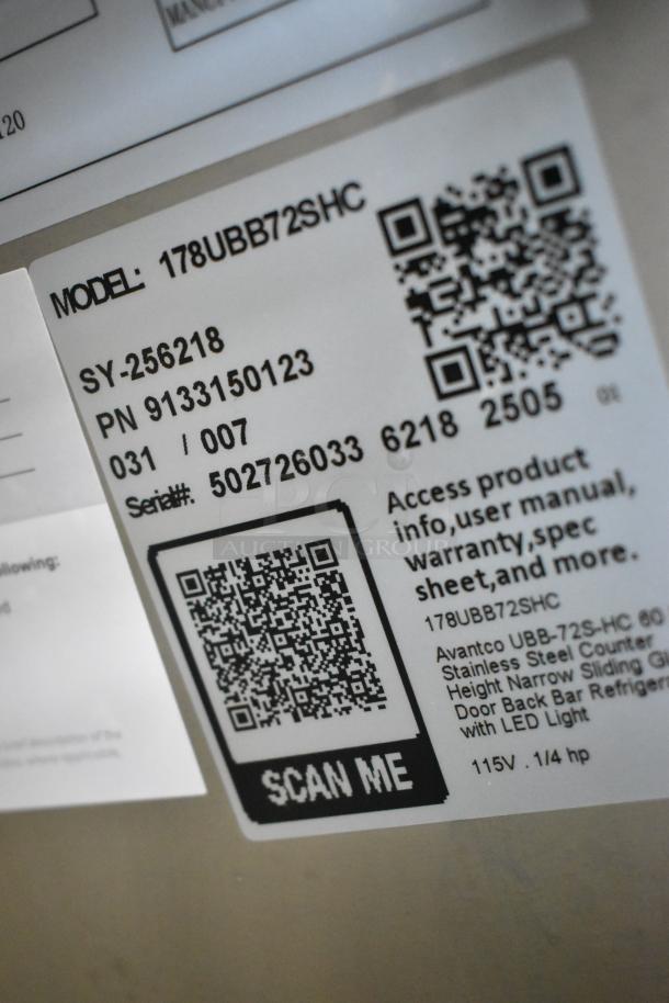 Label for Avantco 178UBB72SHC Commercial 3 Door Back Bar Cooler, 115V, 1 Phase. QR codes and model details visible.