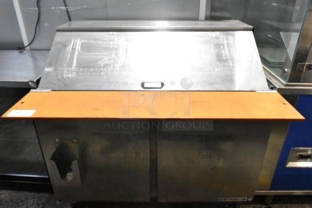 Beverage Air SPE48-18M-HMP stainless steel prep table with mega top, commercial casters, 115 volts, 1 phase.