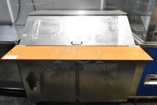 Beverage Air SPE48-18M-HMP stainless steel prep table with mega top, commercial casters, 115 volts, 1 phase.