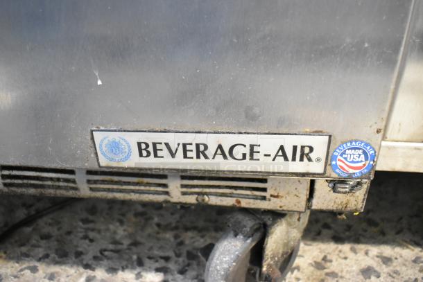 Beverage Air SPE48-18M-HMP stainless steel prep table, commercial casters, 115V, 1-phase, made in USA label, Beverage Air logo.